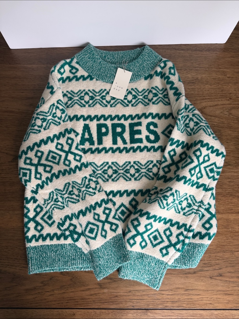 a new day Apres Patterned Crewneck Sweater in Teal and Cream